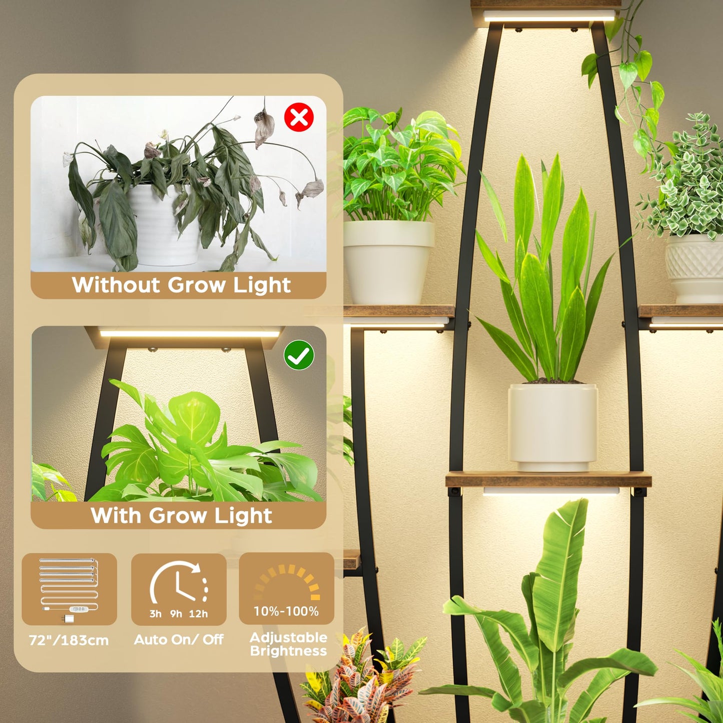 Plant Stand Indoor with Grow Lights - 10 Tiered Tall Plant Shelf Indoor, 59" Large Plant Stands for Indoor Plants, Metal Corner Flower Holder Rack Display for Living Room Patio Garden Balcony Home