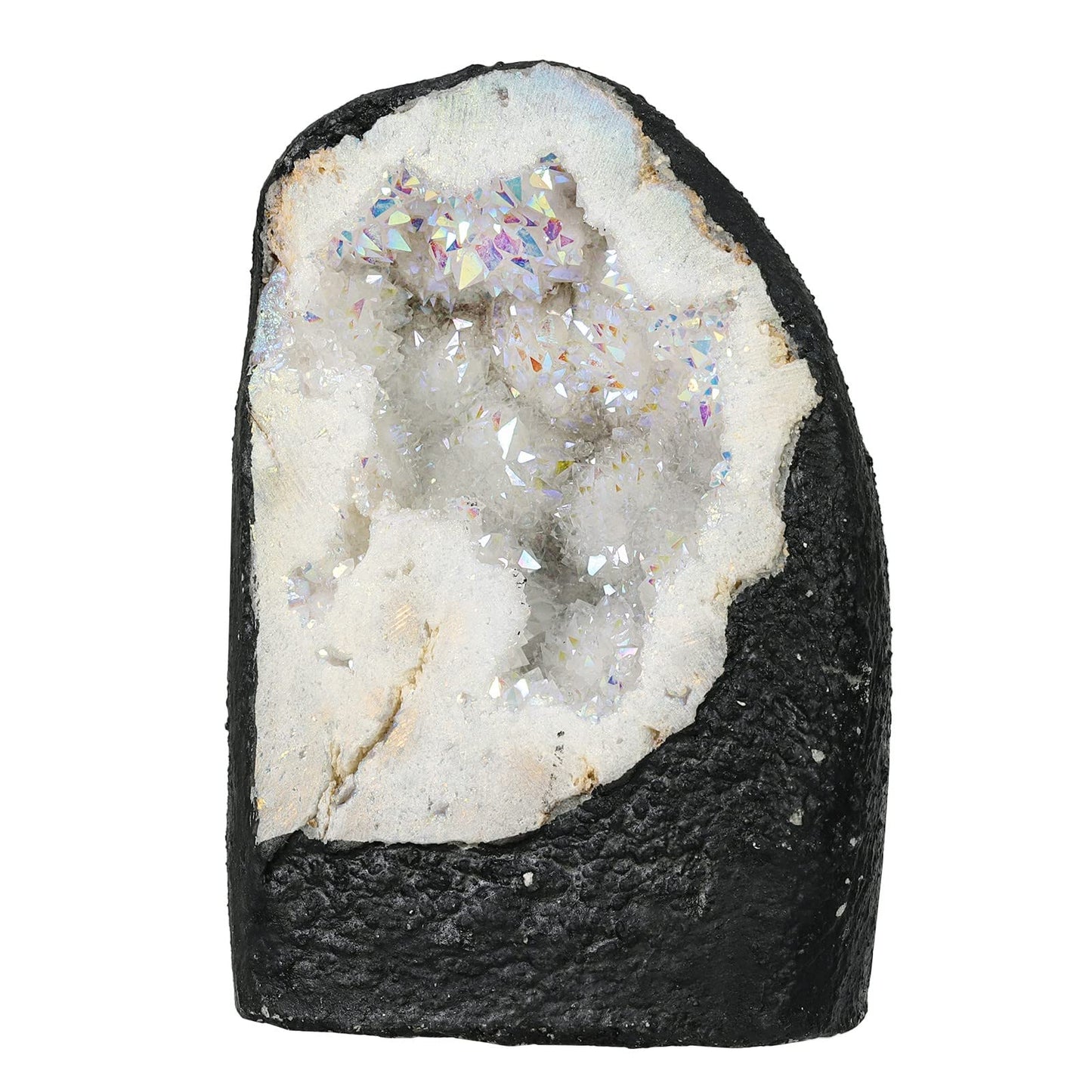 Nupuyai Irregular Titanium Coated Quartz Crystal Geode Cluster Natural Reiki Rock Crystal Mineral Specimen for Home Decor/Meditation, White AB Crystal