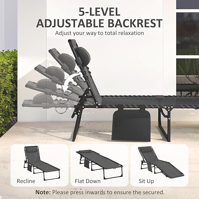 Outsunny Chaise Lounge Chair Outdoor, 5-Position Adjustable Sun Tanning Chair with Carrying Handle and Side Pocket, Folding Bed Cot with Removable Pillow for Garden, Beach, Patio, Pool, Camp, Black