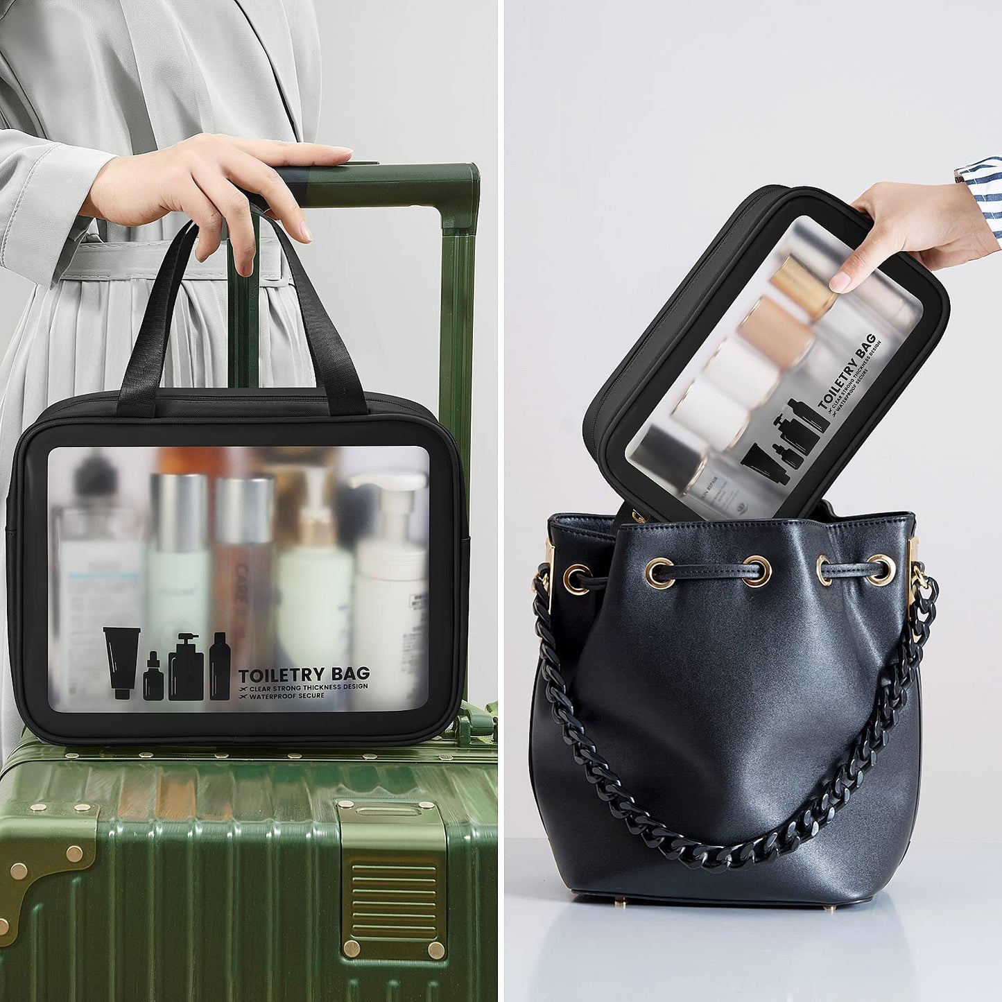 Toiletry Bag MAANGE 3 PCS Clear Travel Toiletries Bag Wash Bag Translucent PVC Waterproof Makeup Bag with Zipper Toiletry Bags for Women Men(Black)