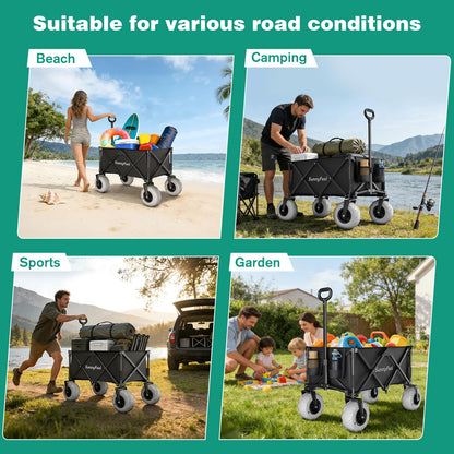 SUNNYFEEL Heavy Duty Beach Wagon with Big Wheels for Sand, 550LBS Capacity, 200L Beach Cart with Adjustable Handle, Foldable Wagon Cart for Camping, Garden, Shopping (Black)