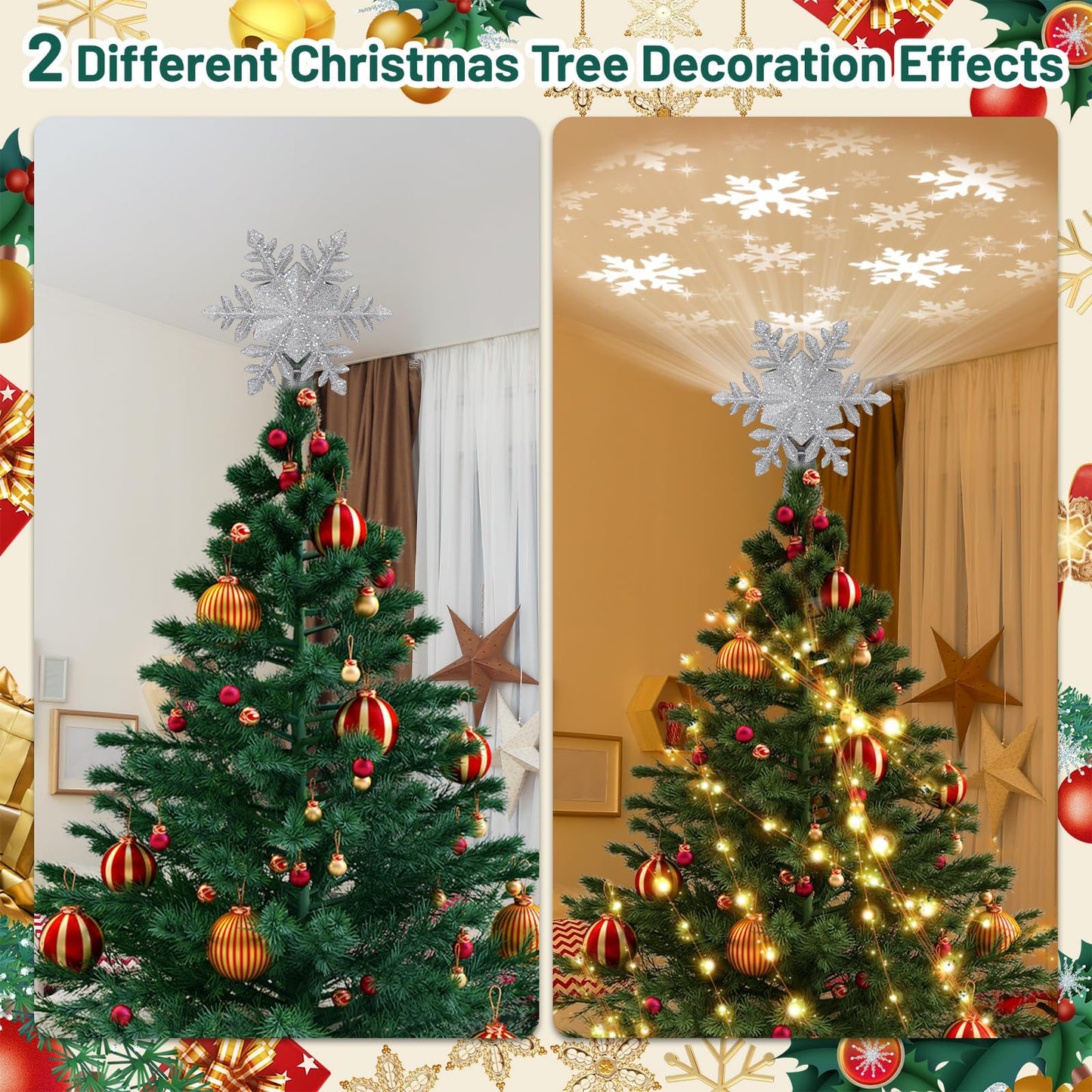 Christmas Tree Topper Lighted with 6 Projection Modes,Christmas Star Tree Topper Built-in LED Rotating Projector Lights 3D Christmas Tree Decorations for Xmas Party Holiday Decor(Silver Snowflake)