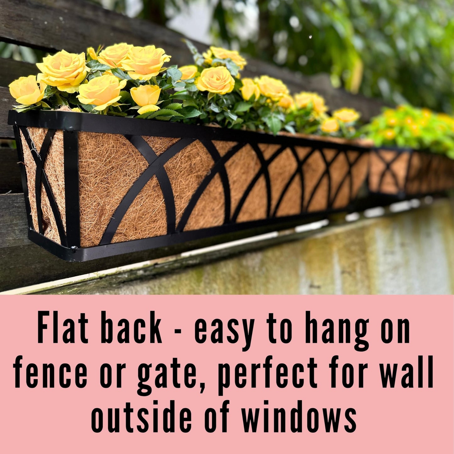 LaLaGreen Wall Planters (2 Pack, 36 Inch) Black Metal Rectangular Hanging Window Planter Box with Coco Liner Attach House Outdoor, Flower Basket Plant Holder Deck Railing Patio Porch Balcony Fence