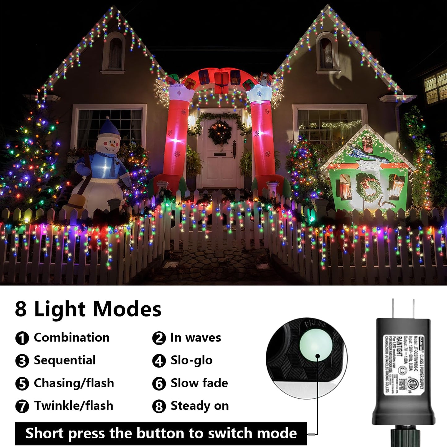 QITONG Multicolor Icicle Lights for Outside, 33ft 400 LED String Lights Indoor, Clear Wire Connectable Icicle Christmas Lights Plug in with 8 Modes