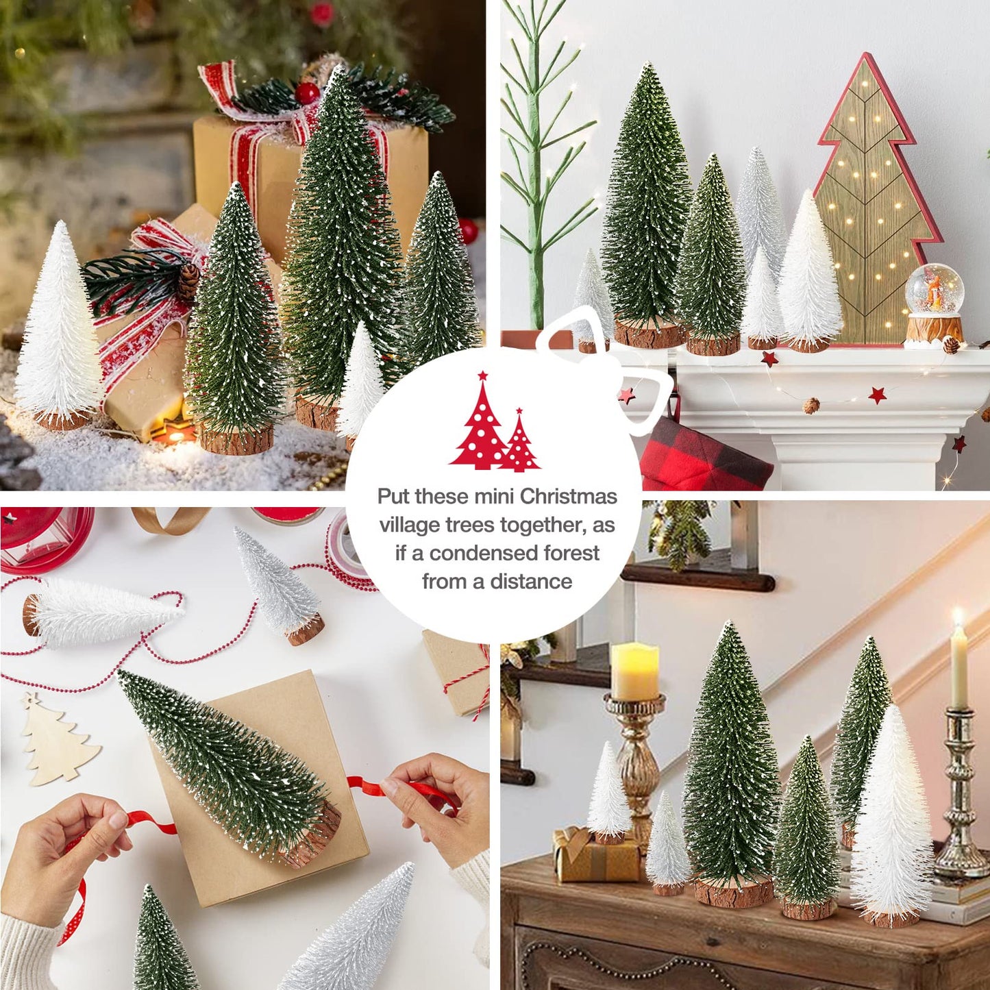 9Pcs Mini Bottle Brush Christmas Trees in 4 Sizes - Green, Silver, White Table Decorations