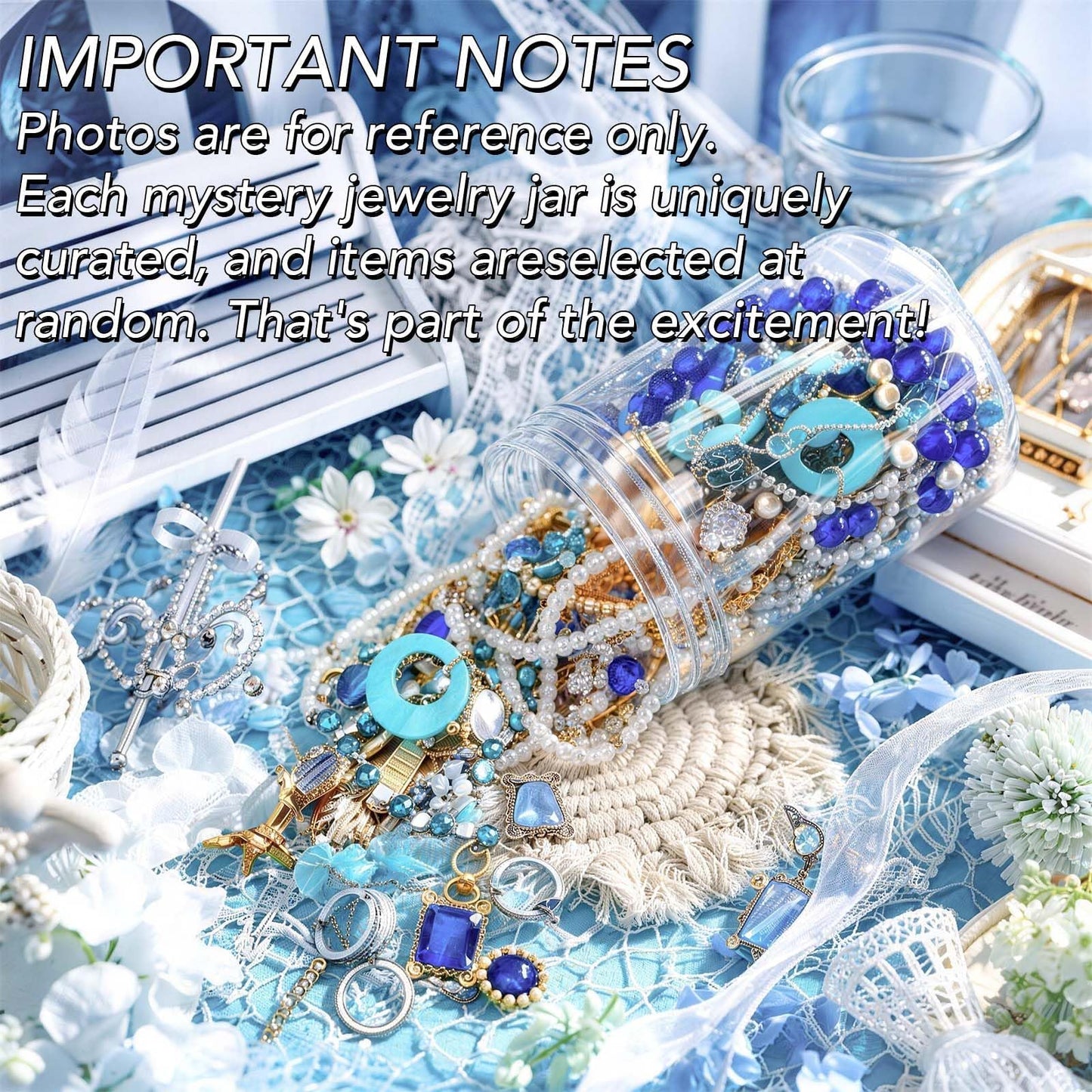 SMUOBT Blue Crystal Mystery Jewelry Jar - 30 Piece Surprise Jewelry Box for Women, Includes Necklace, Earrings, Rings, Bracelet, Choker & More - Gift Ready Unique Birthday Gifts for Her