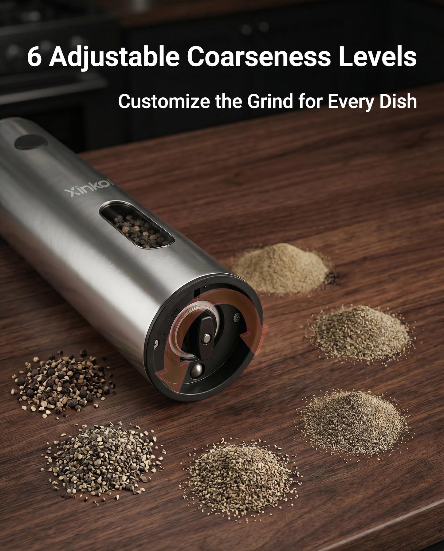 XINKOR Electric Salt and Pepper Grinder Set with USB-C Charging Base, Stainless Steel Automatic Rechargeable Salt and Pepper Grinder with LED Light & Large Capacity, 6 Adjustable Coarseness Settings