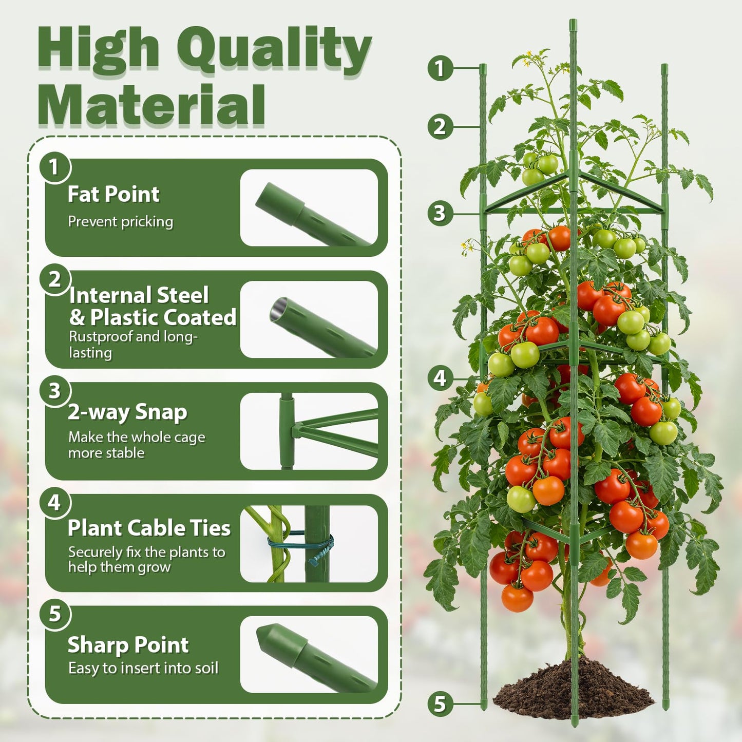 Tegarbed 6 Pack Tomato Cage for Garden Plant Supports, Up to 53 Inch Tomato Trellis for Potted Plants, Heavy-Duty Garden Plant Stakes for Climbing Vegetables Plants Cucumber Peony Flowers, Green