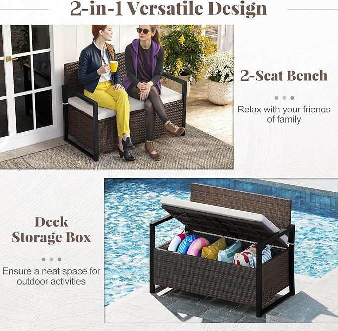 Tangkula 40 Gallon Outdoor Bench with Storage, Patio Wicker Storage Bench with Cushion, Cover, Metal Frame, Deck Box Seat for Backyard, Poolside, Balcony, Garden