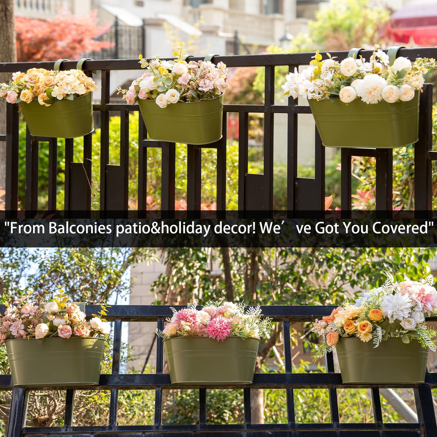 pansparade 5 Pack Metal Hanging Flower Pots for Railing Fence，Outdoor Balcony Rail Planter with Garden Tools Detachable Hooks Drainage Holes for Deck Garden Home Decor Green