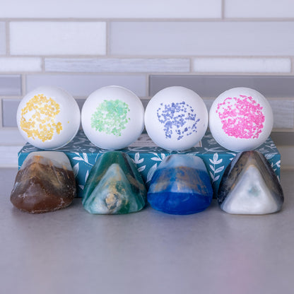 Gemstone Soap & Bath Bomb Set- Relaxing Spa Gift for women- Mothers day gift set- 4 Decorative scented Rock Soap with Crystals and 4 Fizzy Bath Bomb- with Natural Ingredients & Essential Oil