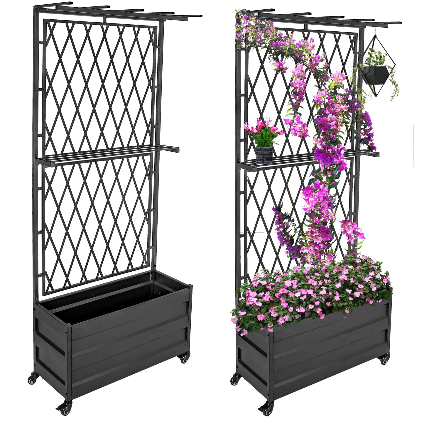 Stonehomy Metal Planter Box with Lattice Trellis and Wheels, 70 inches Tall Heavy Duty Planter Box & Raised Garden Bed with Trellis for Climbing Plants Flowers with Drainage Holes, 30Lx12Wx70H, 2Pack