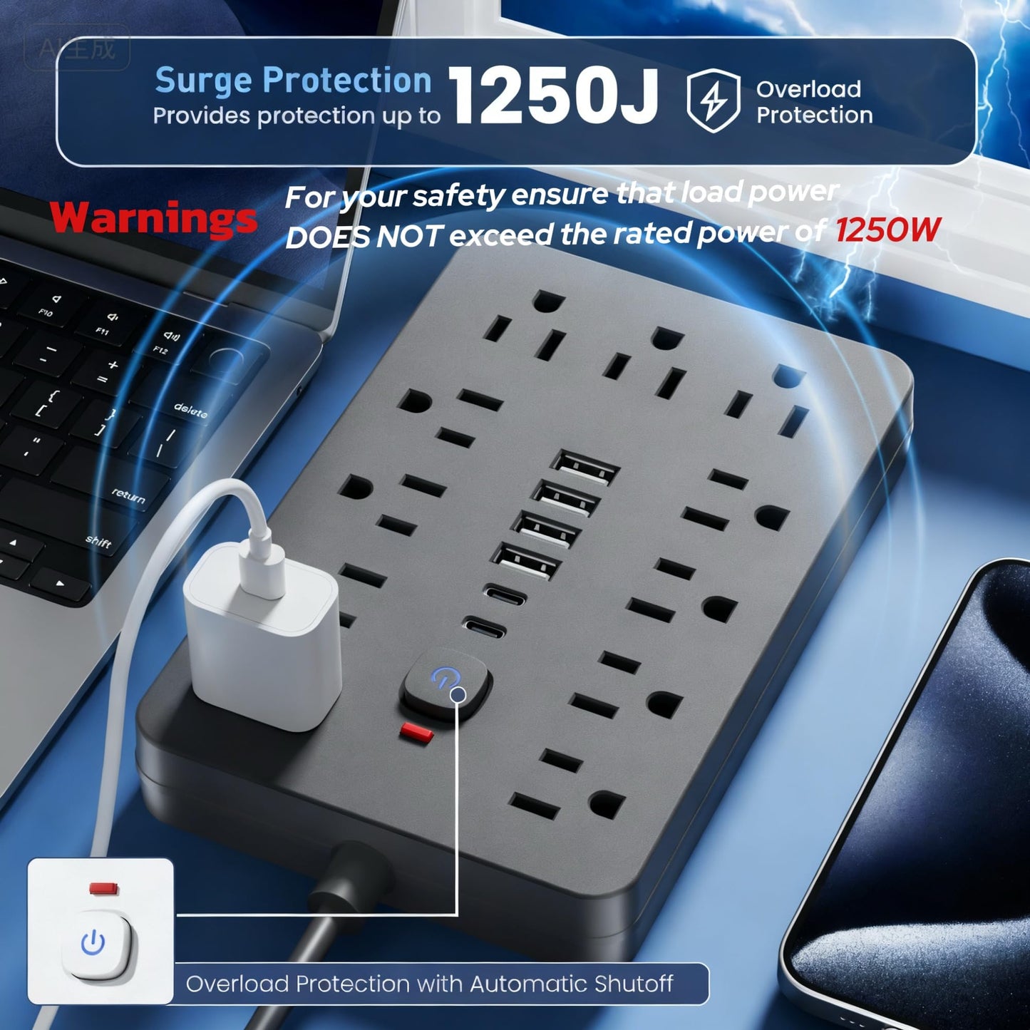 6 FT Flat Plug Surge Protector Power Strip,11 Multiple AC Outlets with 6 USB Ports (2 USB C), 6 Feet Extension Cord, 1250W/10A, One Touch Switch Button, 17 in 1 Compact powerstrip