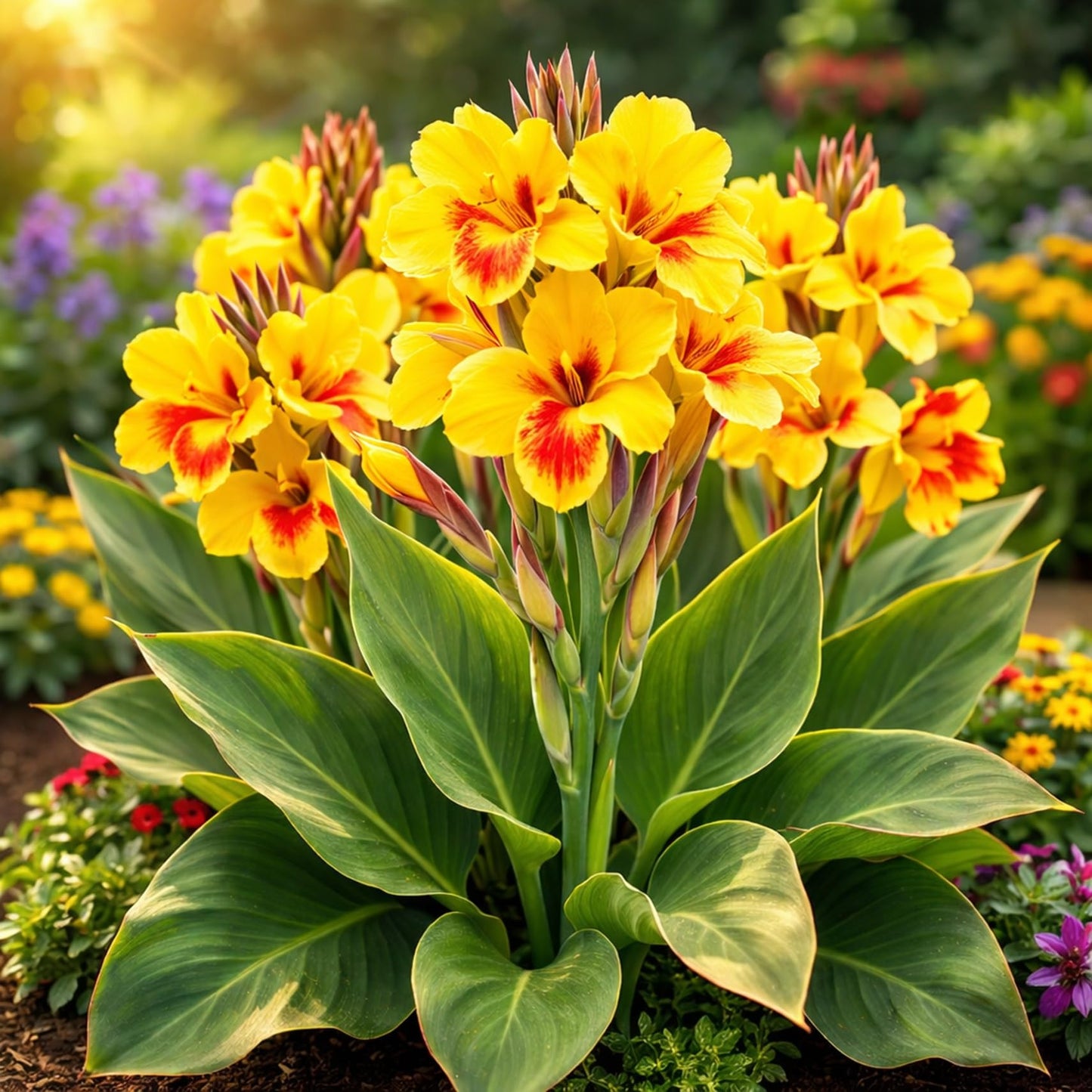 Louis Cottin Canna Lily Premium Bulbs – Bright Yellow Blooms with Red Accents – Compact 3–4 Ft Tropical Summer Flowers for Garden & Containers (3 Bulbs)