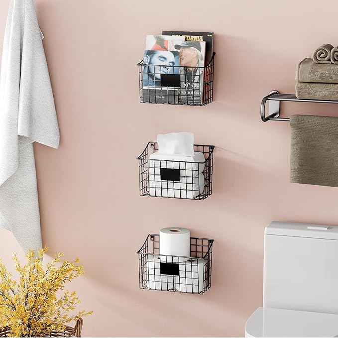 Wall Mounted Bin Basket with 5 Hooks 3 Label Plate Adhesive-3 Pack, Cabinet