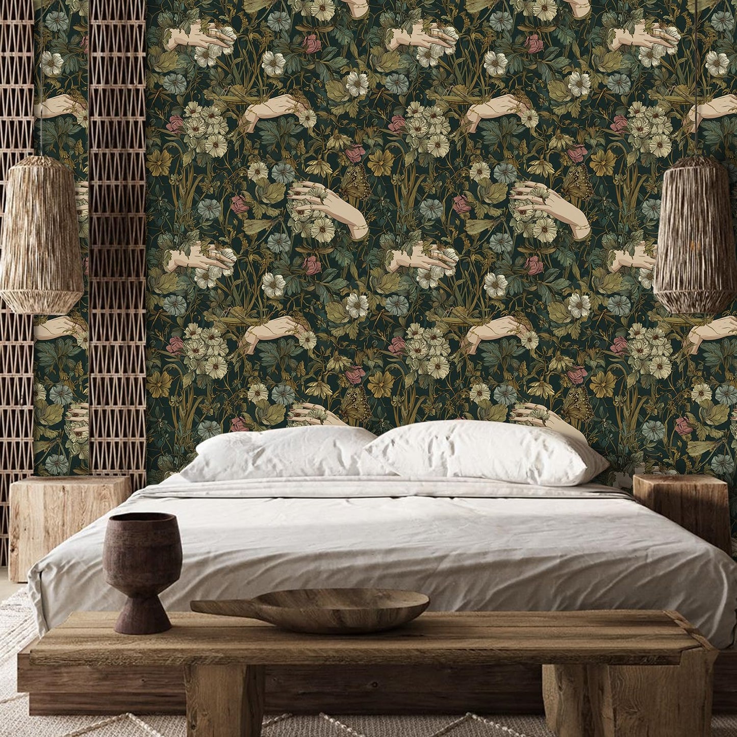 LHIUEM Gothic Flower and Hands Contact Paper Victorian Goth Hands Whimsical Wallpaper Dark Academia Peel Stick Wallpapers(17.3"×118") Boho Whisty Flowers Vintage Wallpaper for Room Wall Cabinet