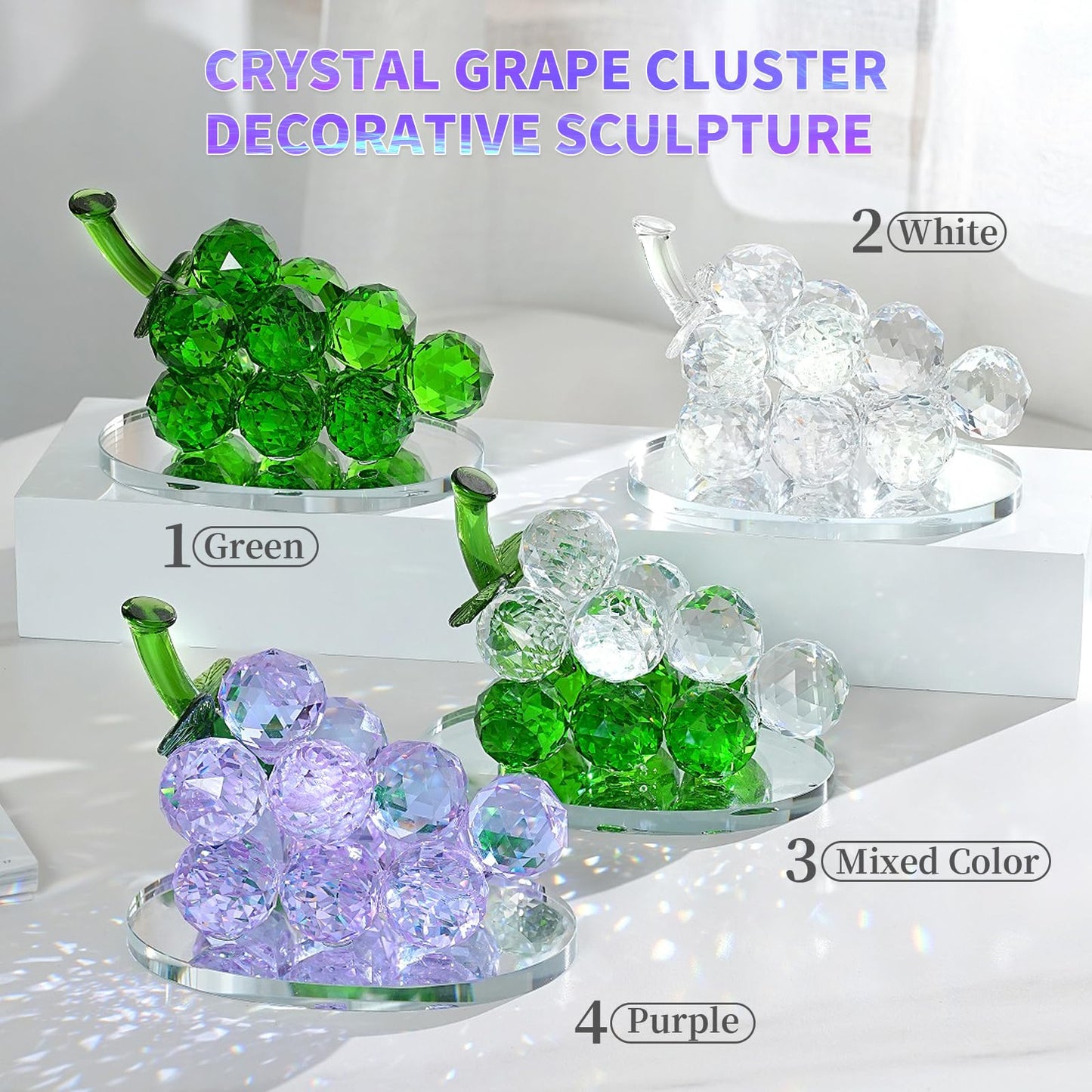Grape Cluster Crystal Decor Sculpture, Sparkling High-Transparency Faceted Design, Luxurious High-End Crystal with Mirror Base, Elegant Home/Office Display, Gift for Collectors & Fruit Lovers (White)
