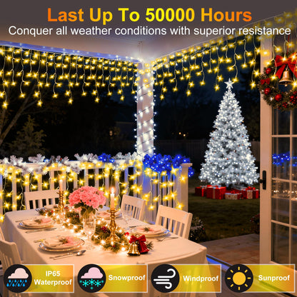 810LED 82ft Christmas Lights, 180Drops 12 Modes Warm White Christmas String Lights Outdoor Dimmable, Waterproof Christmas Decoration Fairy Lights with Timer for Indoor Eaves Party Patio Window Fence