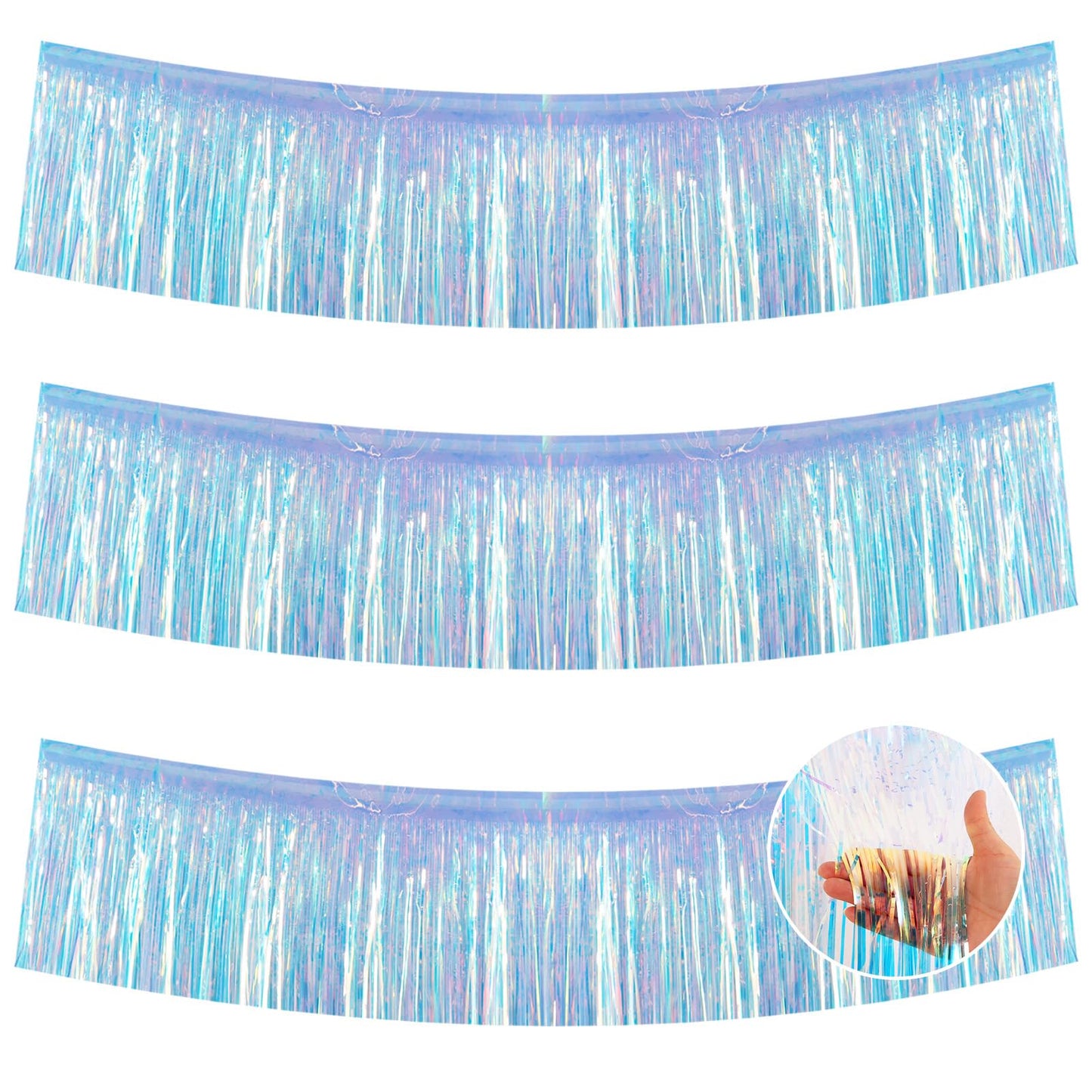 BEISHIDA 3 Packs 30 Feet Metallic Foil Fringe Garland Tinsel Streamers，Iridescent Blue Wall Hanging Tinsel Fringe Banners for Wedding Birthday Party Decoration Halloween Christmas New Year