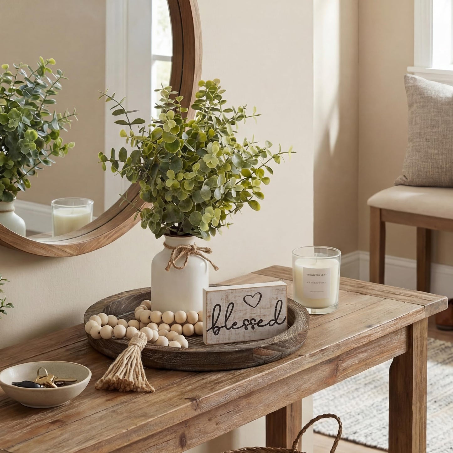 ZENLIV Rustic Modern Farmhouse Decor Set of 6 for Your Living Room, Kitchen Counter, Home or Table Centerpieces Room Decor, Wood Round Decorative Tray Gifts for Women Men