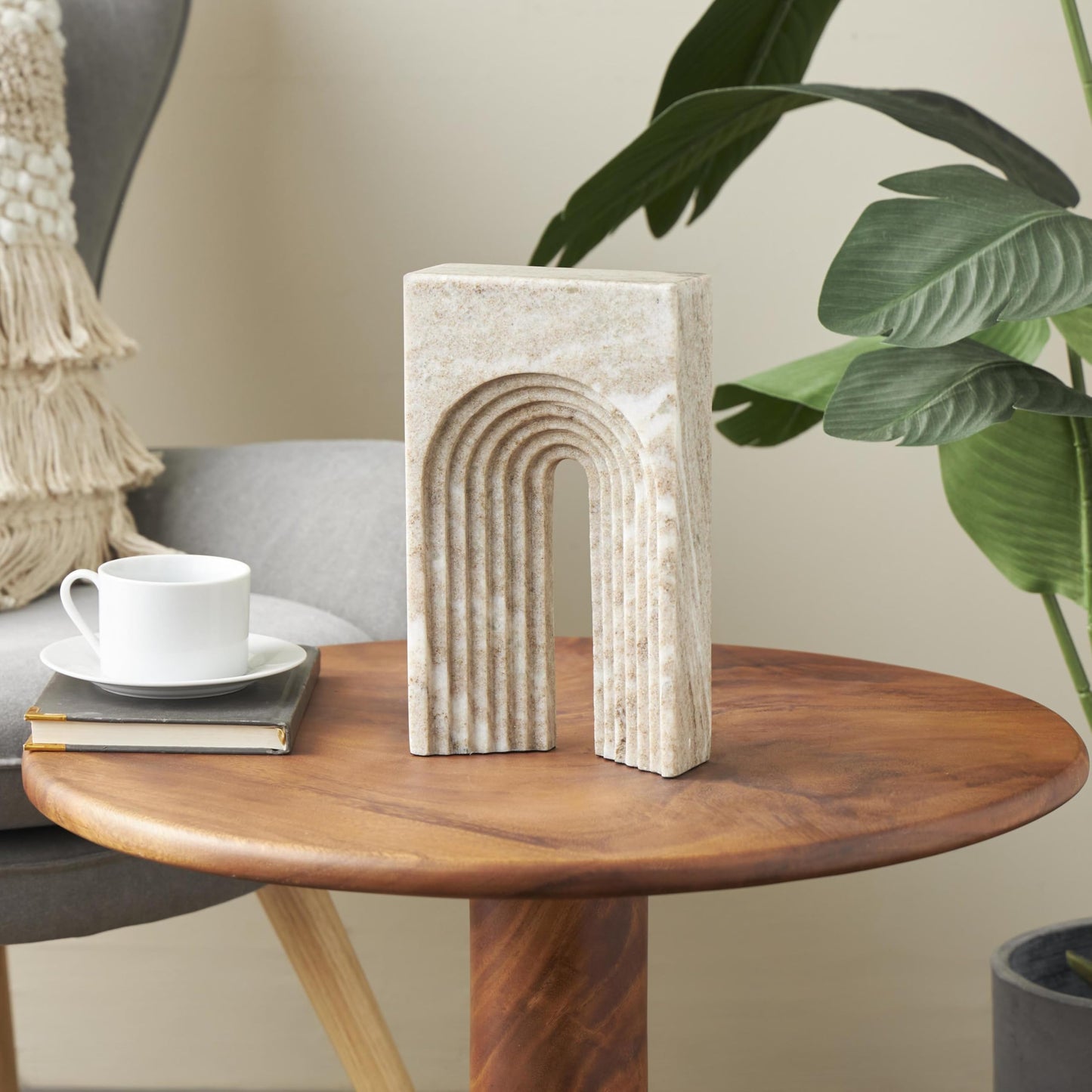Deco 79 Marble Geometric Decorative Sculpture Rectangular Home Decor Statue with Arched Groove Interior, Accent Figurine 6" x 2" x 11", Beige