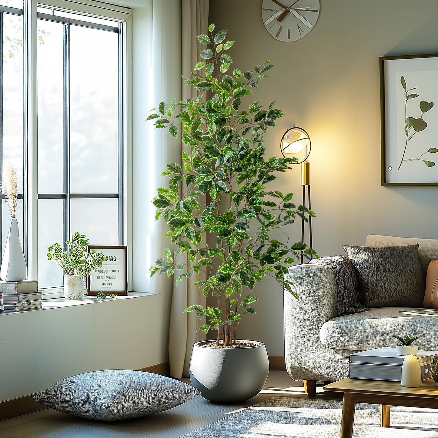 Bailikang Artificial Ficus Tree Indoor 5ft, Large Potted Faux Tree with Realistic Silk Leaves & Trunk for Home Office, Living Room Corner Decor