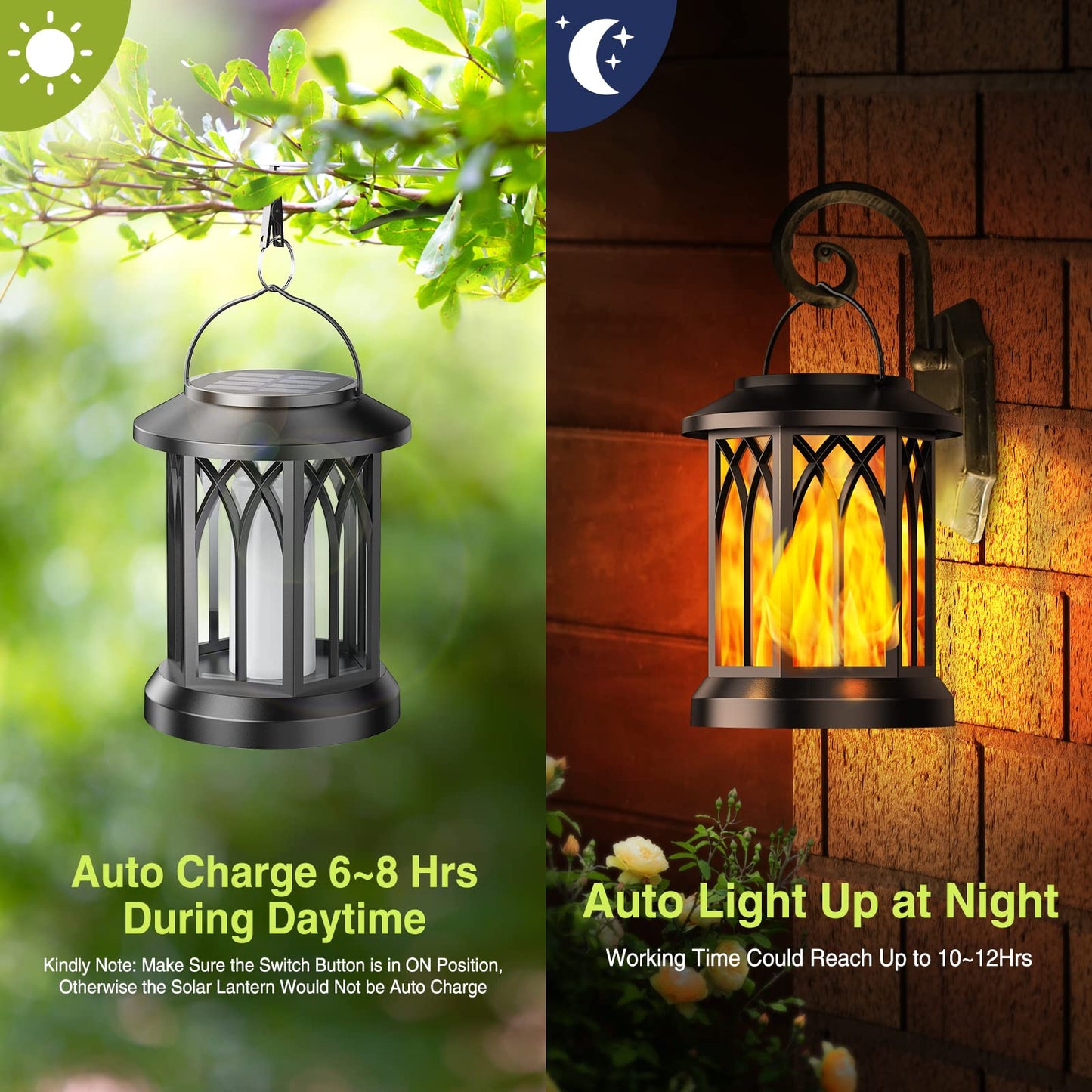 KOOPER Solar Lights Outdoor Garden, 2 Pack Hanging Solar Lanterns with Realistic Flickering Flame LED, Waterproof Flame Effect Garden Ornaments for Pathway Patio Decoration