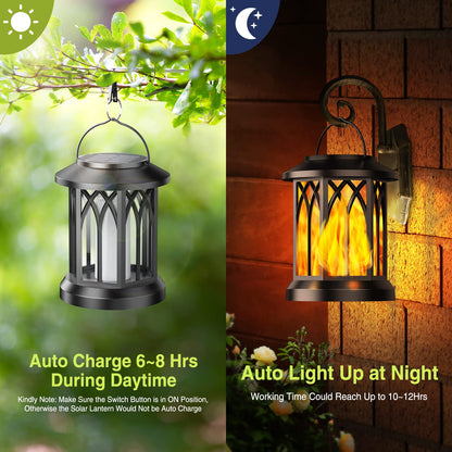 KOOPER Solar Lights Outdoor Garden, 2 Pack Hanging Solar Lanterns with Realistic Flickering Flame LED, Waterproof Flame Effect Garden Ornaments for Pathway Patio Decoration