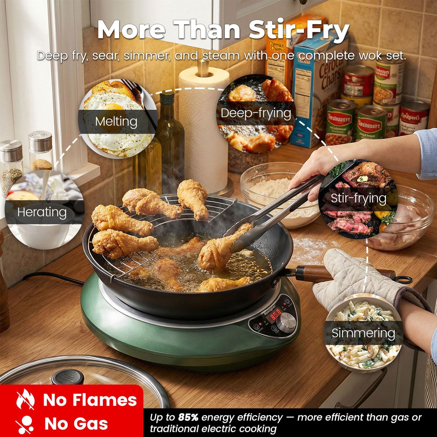 ABangDun 1700W Concave Induction Wok Cooktop,9.25-Inch Coi,Non-Pulse Continuous Heating, Professional Countertop Wok Burner Stove for Stir Fry Cooking