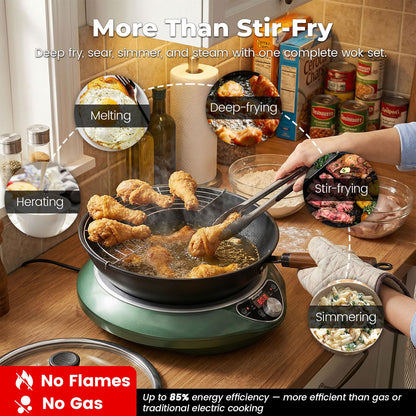 ABangDun 1700W Concave Induction Wok Cooktop,9.25-Inch Coi,Non-Pulse Continuous Heating, Professional Countertop Wok Burner Stove for Stir Fry Cooking