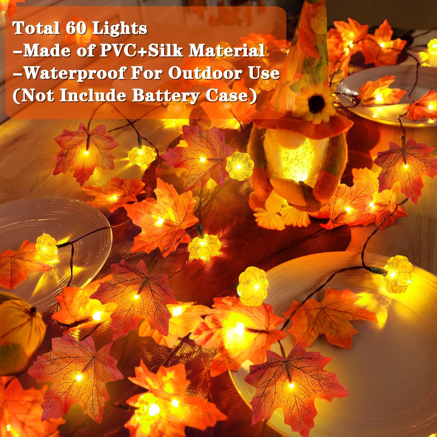 3 Pack & Timer - Fall Garland with Pumpkin Lights Halloween Fall Decorations for Home, 30Ft 60LED Halloween Lights Patented Enlarged Maples Leafed Battery Operated Thanksgiving Decor Indoor Outdoor