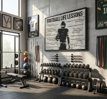 Framed Fotball Sports Canvas Wall Art Football Life Lessons Wall Decor Picture Inspirational Quotes Motivational Boy Poster Print Painting for Gym Bedroom Living Room Decoration Prepare To Hang