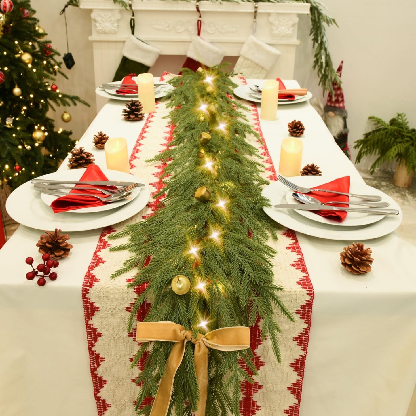 YoleShy 6FT Real Touch Norfolk Pine Garland Christmas Garland with Bell Battery Operated Prelit Garlands Christmas Decorations for Mantle Fireplace Xmas Garland Home Decor