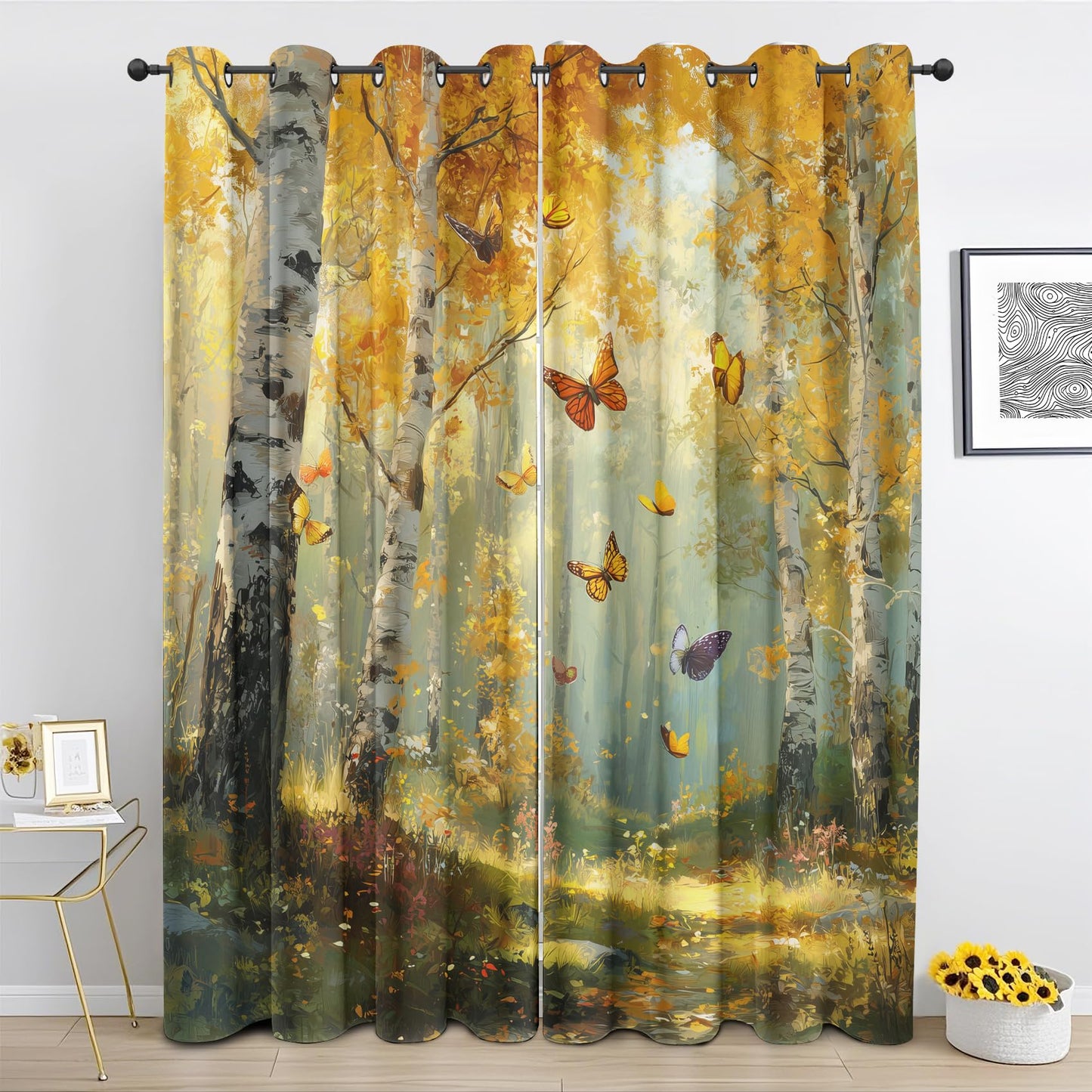 Fall Forest Curtains for Living Room 63 Inch Length Birch Tree Blackout Curtains for Bedroom, Autumn Landscape Drapes Thermal Insulated Room Darkening Grommet Window Treatments 2 Panels