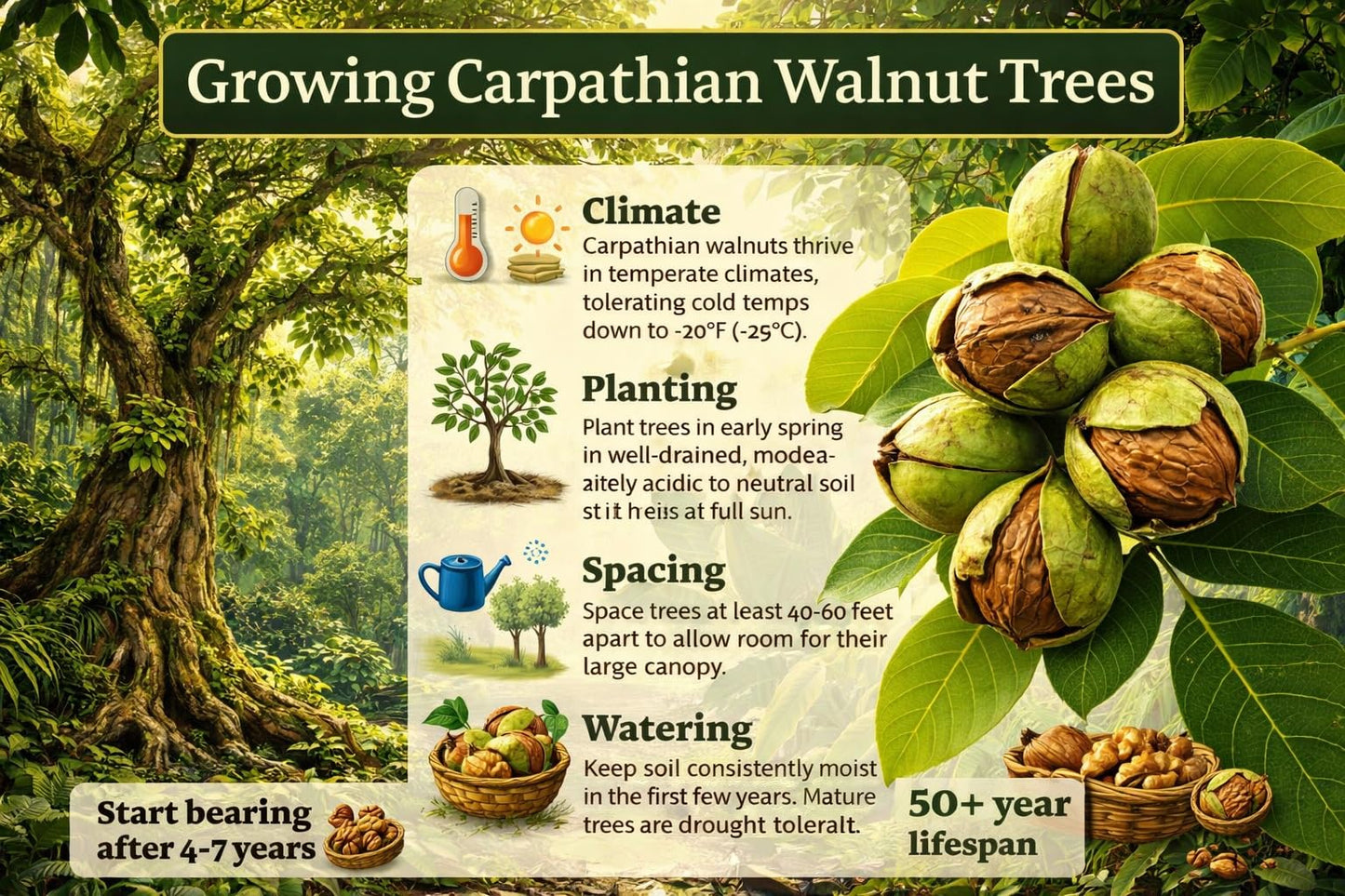 Carpathian Walnut Tree Live Plants (Juglans regia) – Cold Hardy, High-Yield English Walnut Nut Tree – Fast Growing, Premium Hardwood Producer – Ideal for Homesteads & Orchards (5 Trees)