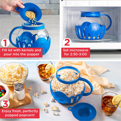 Ecolution Patented Micro-Pop Microwave Popcorn Popper with Temperature Safe Glass, 3-in-1 Lid Measures Kernels and Melts Butter, Made Without BPA, Dishwasher Safe, 3-Quart, Aqua