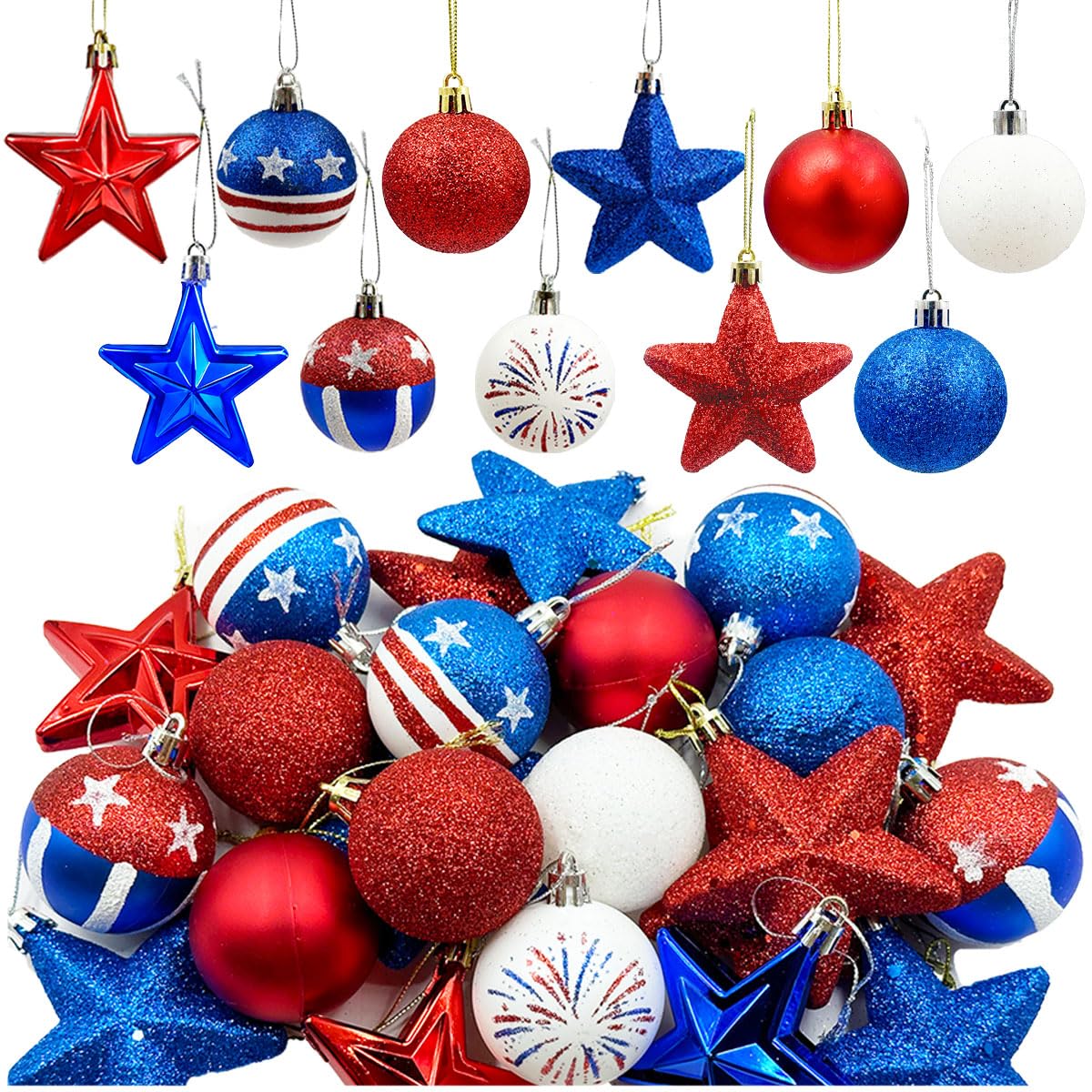 Patriotic Ornaments Hanging Balls - 32 Pcs 4th of July Independence Day Tree Ornaments Memorial Day Red White Blue Stars Balls for Veterans Day Holiday Party Home Christmas Tree Decor