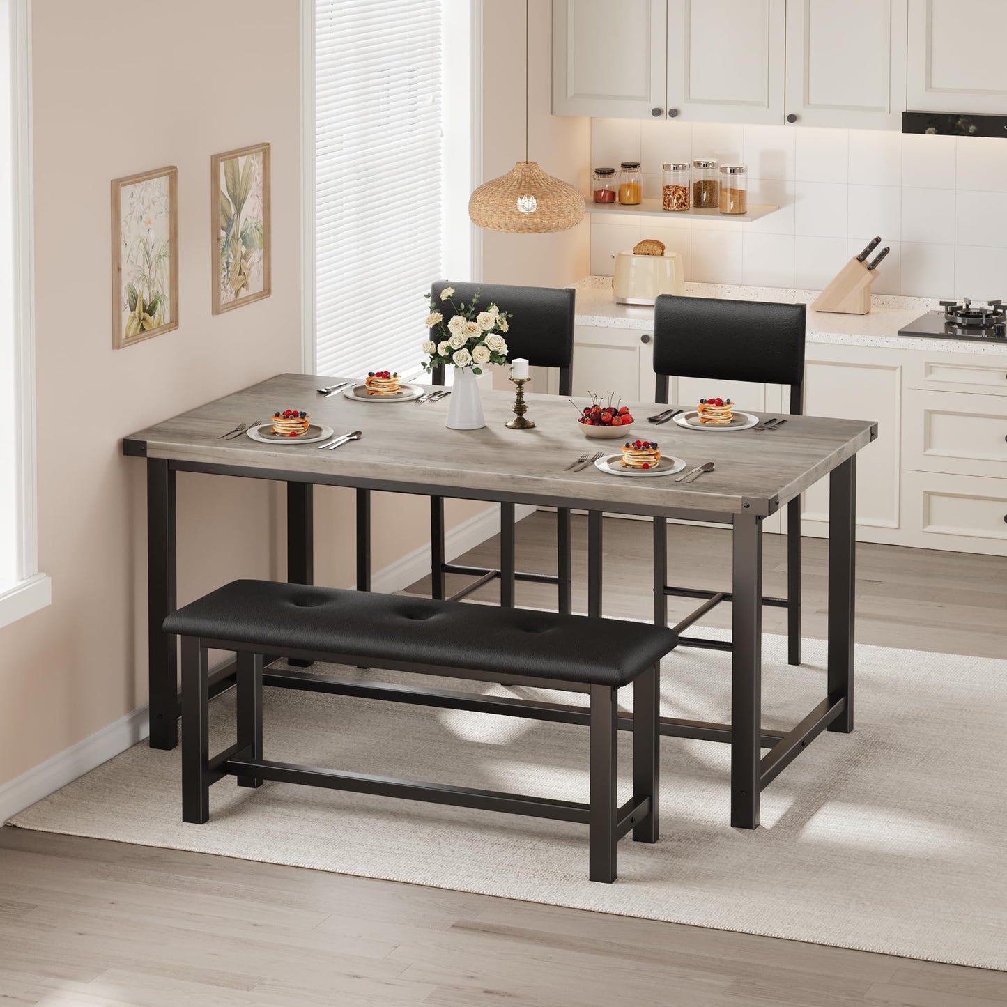 Garvee Wooden Dining Table Set for 4, Kitchen Table and 2 Upholstered Chairs with Bench, Rectangular Dining Room Set, for Small Space, Apartment, Home, Easy Assembly, Retro Gray