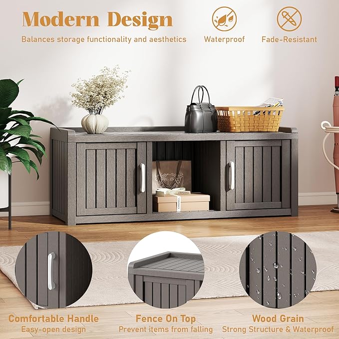 2-Tier Storage Bench, Waterproof UV-Resistant Outdoor Shoe Storage Cabinet with 2 Doors & Adjustable Shelves for Indoor Outdoor Entryway, Hallway, Living Room(Grey)