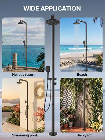 WCQQ 316 Stainless Steel Outdoor Floor Shower with 3 Functions, Matte Black Freestanding 10" Headshower & Handheld Shower for Backyard Patio Relaxation/Easy Garden Clean