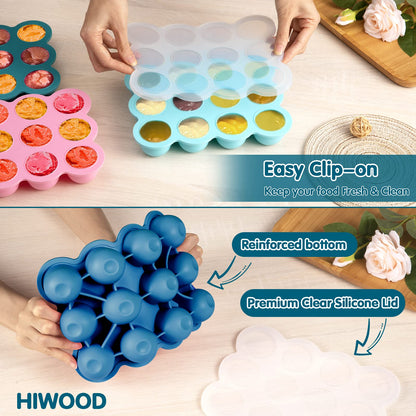 HIWOOD Baby Food Storage - 12 x 1.5OZ Silicone Freezer Tray with Lid, Containers for Homemade Purees - Midnight Blue