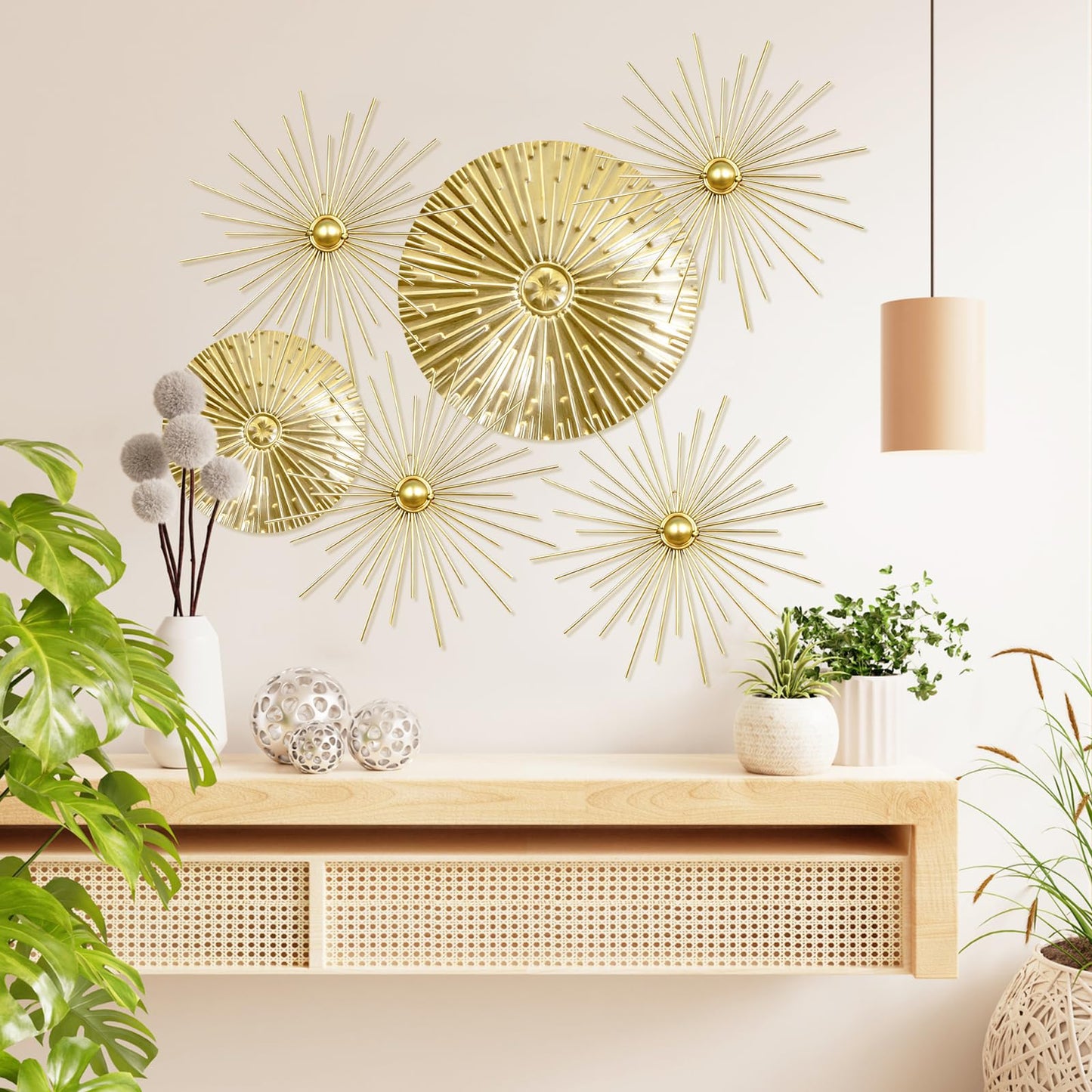 Yudlto 6 Pcs Gold Wall Decor Set, Modern Metal Starburst Radial Plate Wall Art, Gold Metal Hanging Decor for Living Room Bedroom Bathroom Office