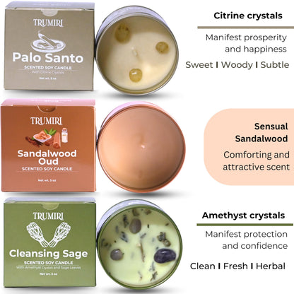 Cleansing Sage, Palo Santo, Sandalwood Oud - Soy Candles Non Toxic - Highly Scented Long Lasting with Essential Oils - Variety Pack of 3 x 5oz - for Home Aromatherapy Meditation Gift Travel
