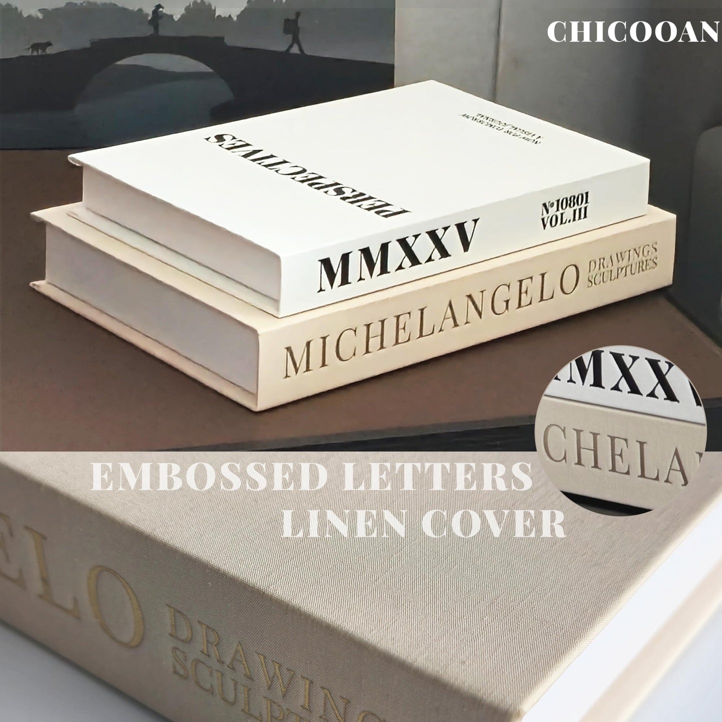 Chicooan 4-in-1 Decorative Books Set, Coffee Table Books Decor, 2 Linen Fake Book Boxes with Wood Tray, Bead Garland for Decoration, Bookshelf Boho Neutral Aesthetic Decor