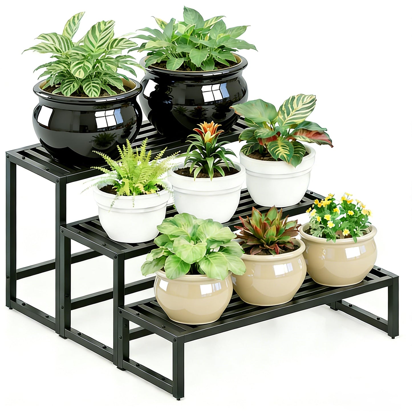 Hongsane Plant Stand Indoor Outdoor,3 Tier Ladder Metal Plant Stands Riser,Heavy Duty Wrought Iron Plant Shelves for Multi Large Pots,Black Tiered Flower Display Holder for Living Room,Patio,Balcony