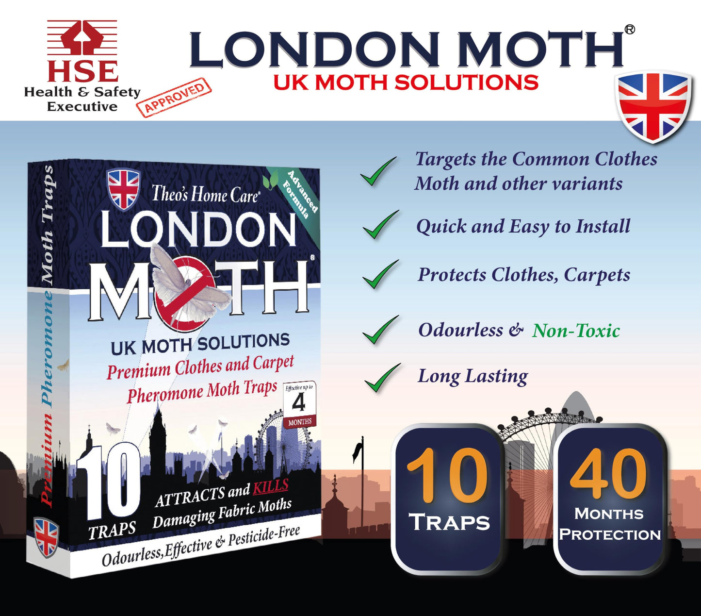 LONDON MOTH KILLER 10 (TEN) Premium Sticky Pheromone Moth Traps for the Common Clothes Moth and Similar Variants, for Wardrobes, Clothes and Carpets. inc. eBook
