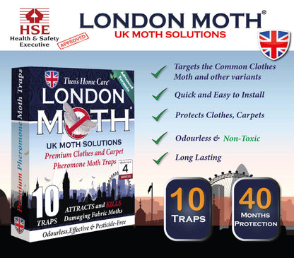 LONDON MOTH KILLER 10 (TEN) Premium Sticky Pheromone Moth Traps for the Common Clothes Moth and Similar Variants, for Wardrobes, Clothes and Carpets. inc. eBook