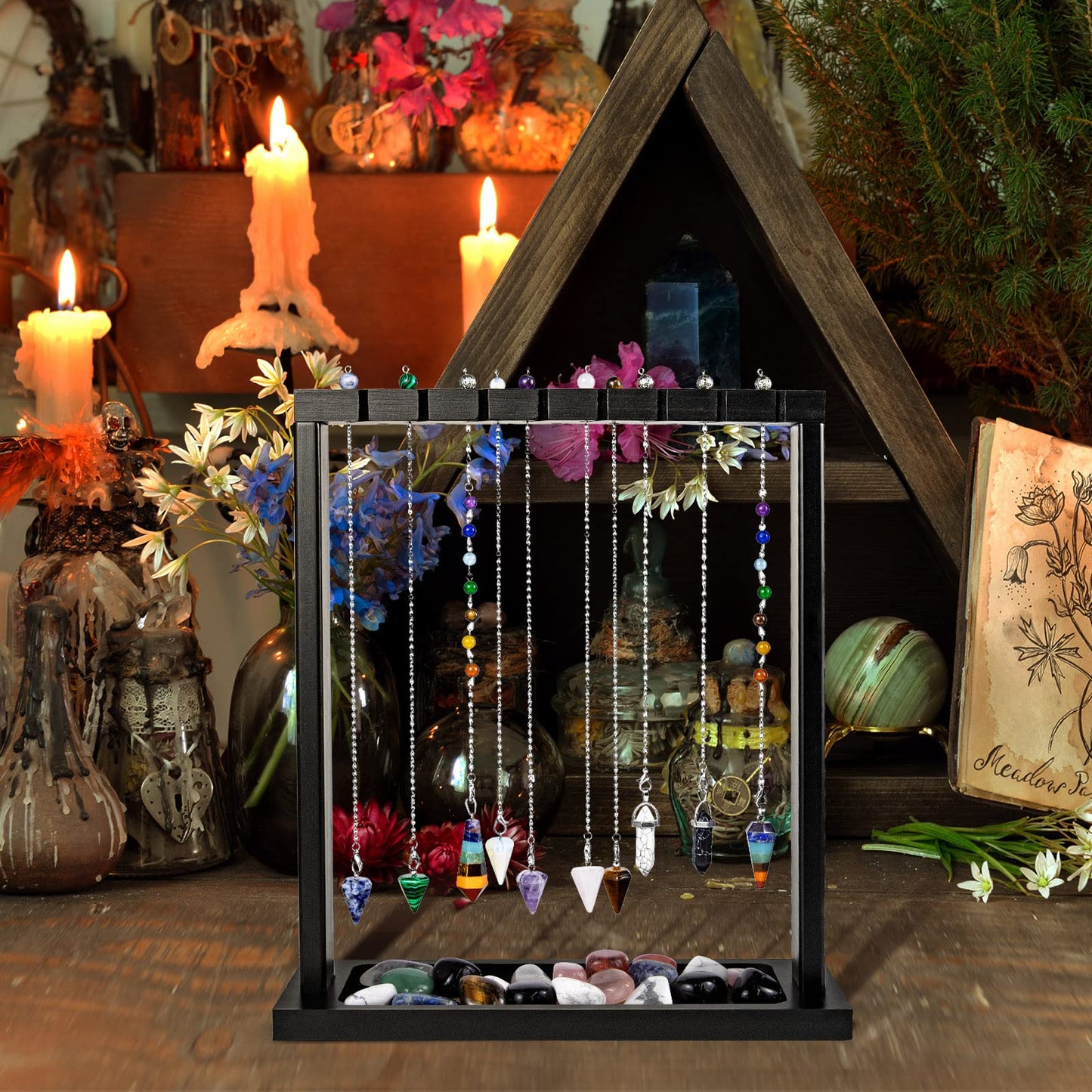 Ceiner Black Pendulum Crystal Display Holder, Wood Witch Rock Stone Stand, Moon Phase Wiccan Supplies Incense Rack Shelf with Tray for Witchcraft Gift Organizer 15 Pendulum Necklaces