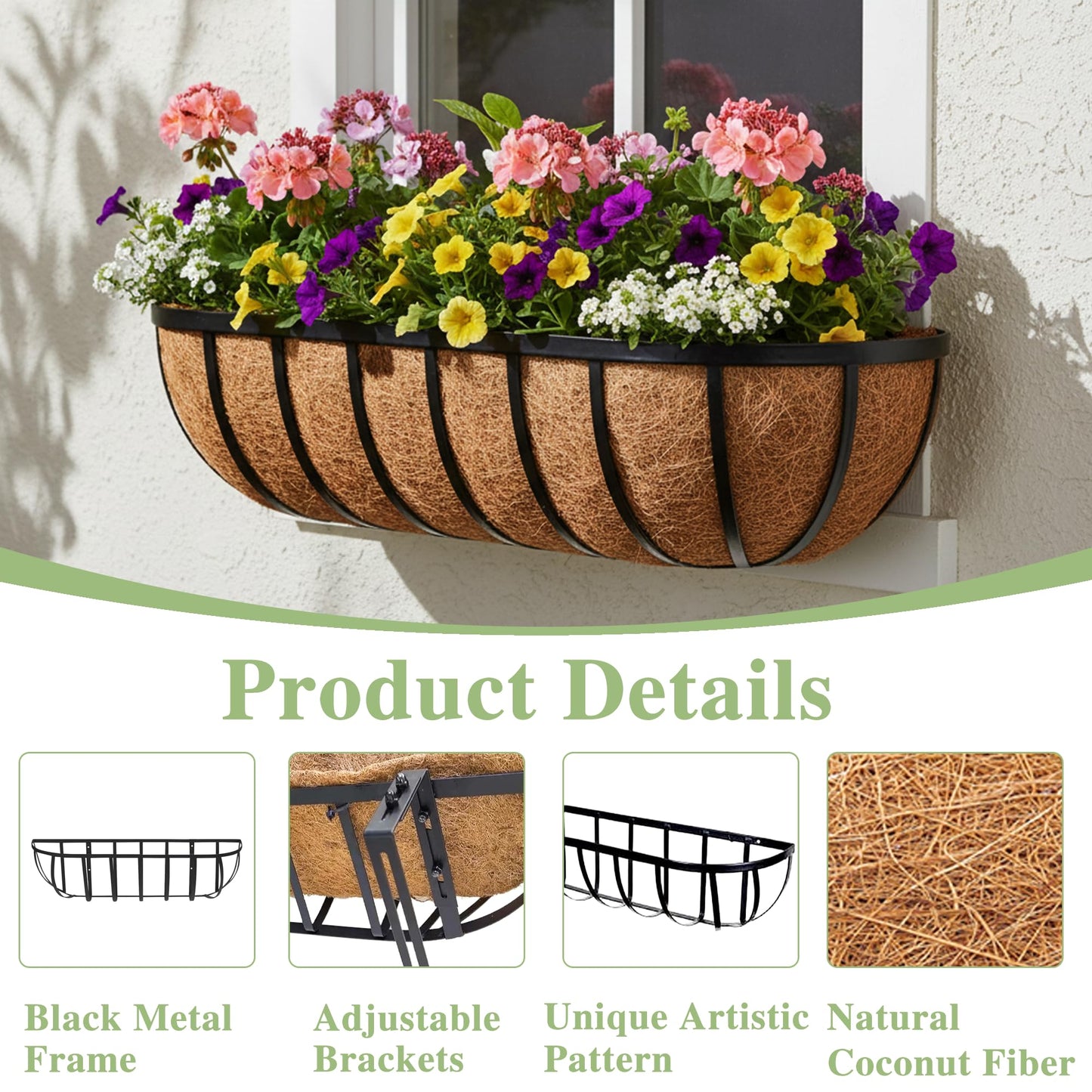 EIMQUVW 30 Inch Railing Planter Window Box Deck Balcony Rail Planter with Coco Liner Metal Wall-Mounted Coconut Liner Basket English Horse Trough for Outdoor Balcony Porch Fence Patio (2 Pack)