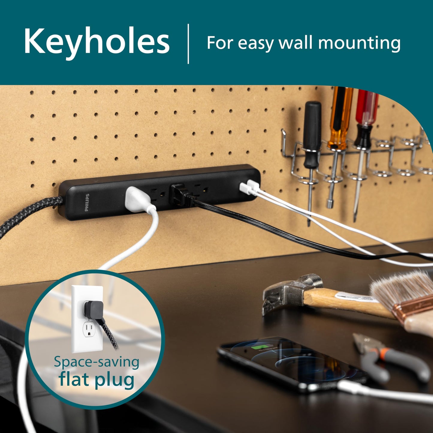 Philips 6 Outlet Power Strip Surge Protector, 6 Ft Power Cord, Designer Braided Extension Cord, Flat Plug, Perfect for Office or Home Décor, 1080 Joules, White, SPC3054WA/37